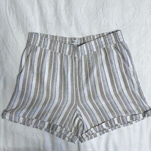 Frank Women's Linen Blend Shorts Size Medium Tan, Cream & Blue Striped Summer